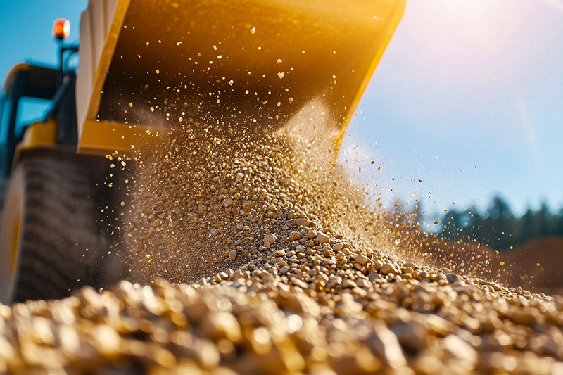 Bulldozer dumping and moving aggregate stone at construction site