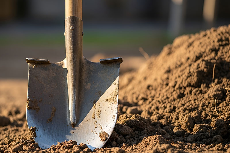 Large pile of fill dirt with a shovel standing in it