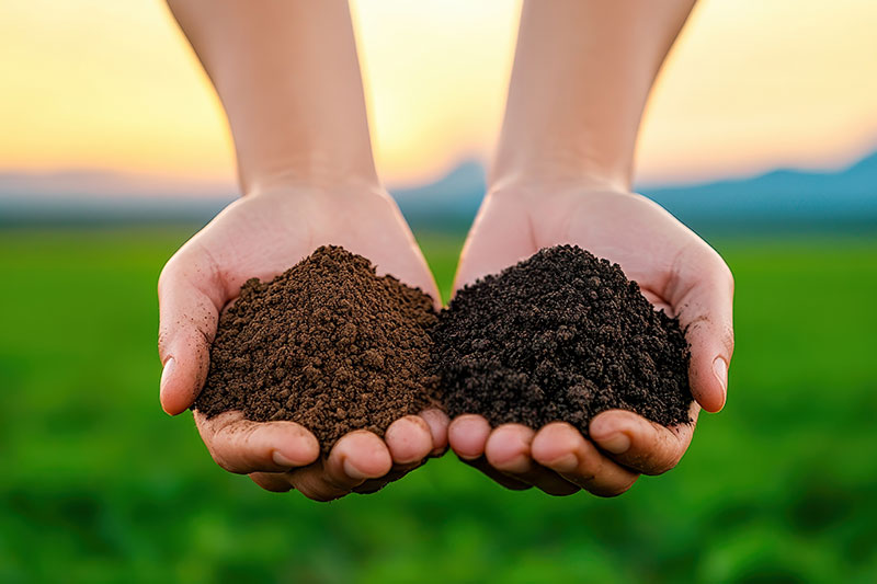 Close up of person's hands holding fill dirt and top soil, with grass and bright sky