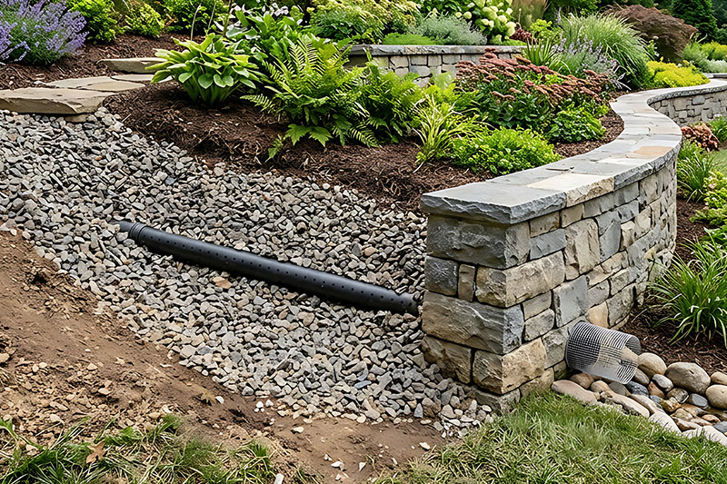 Yard with drainage stone and drain pipe under elevated garden