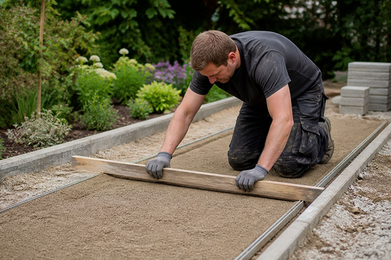 landscaper using a level to measure mason sand walkway base