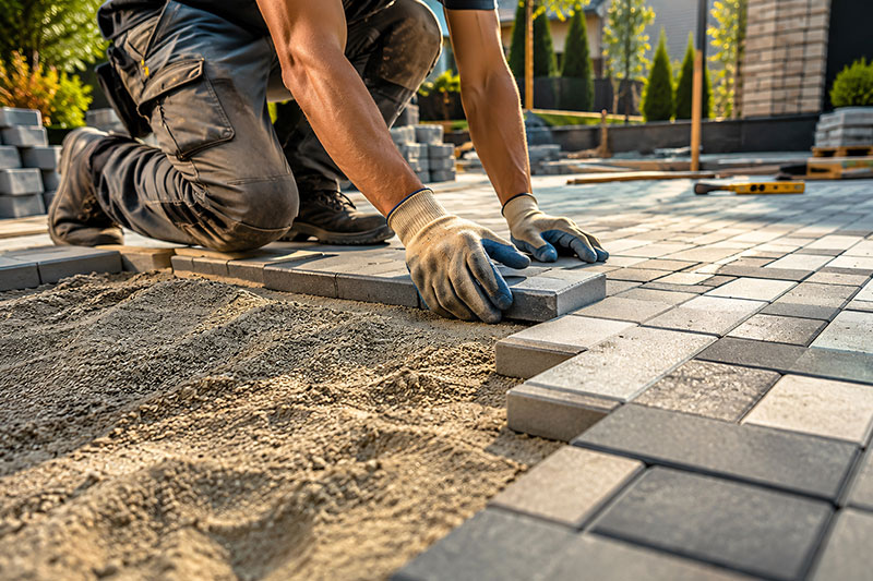 Landscaper laying paving blocks on sand foundation.