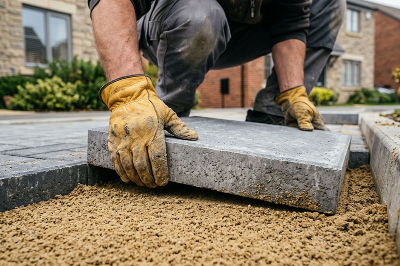Landscaper wearing gloves and placing brick paver down on paver sand base