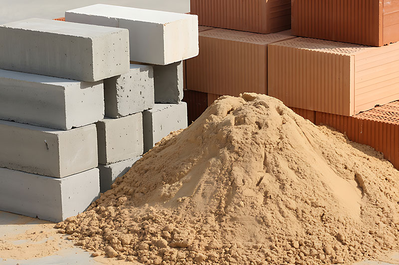 Load of masonry sand next to bricks and pavers at a construction site