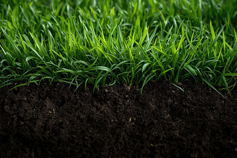 Close up of topsoil beneath lush green lawn