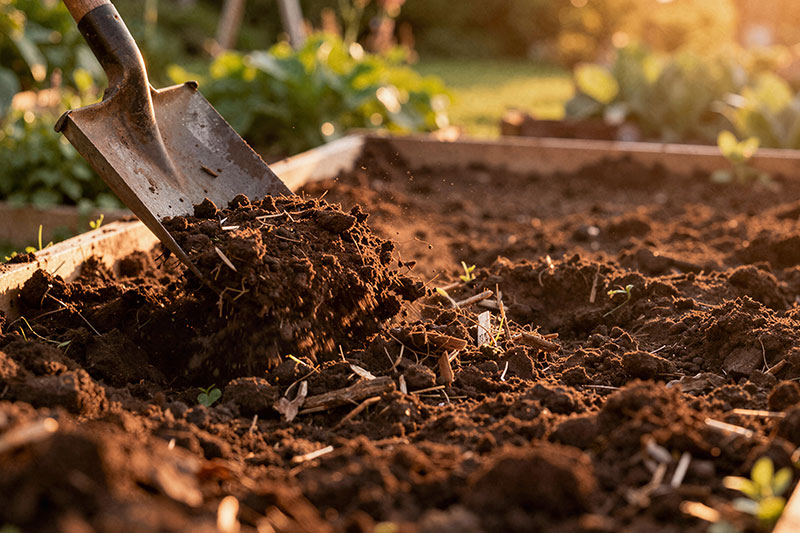 person shoveling topsoil in raised bed garden